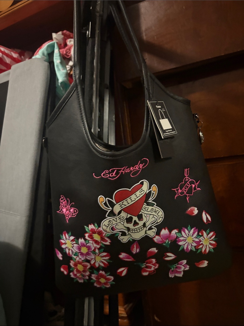 Ed Hardy Black Shoulder Bag with Pink Floral & Skull Motif